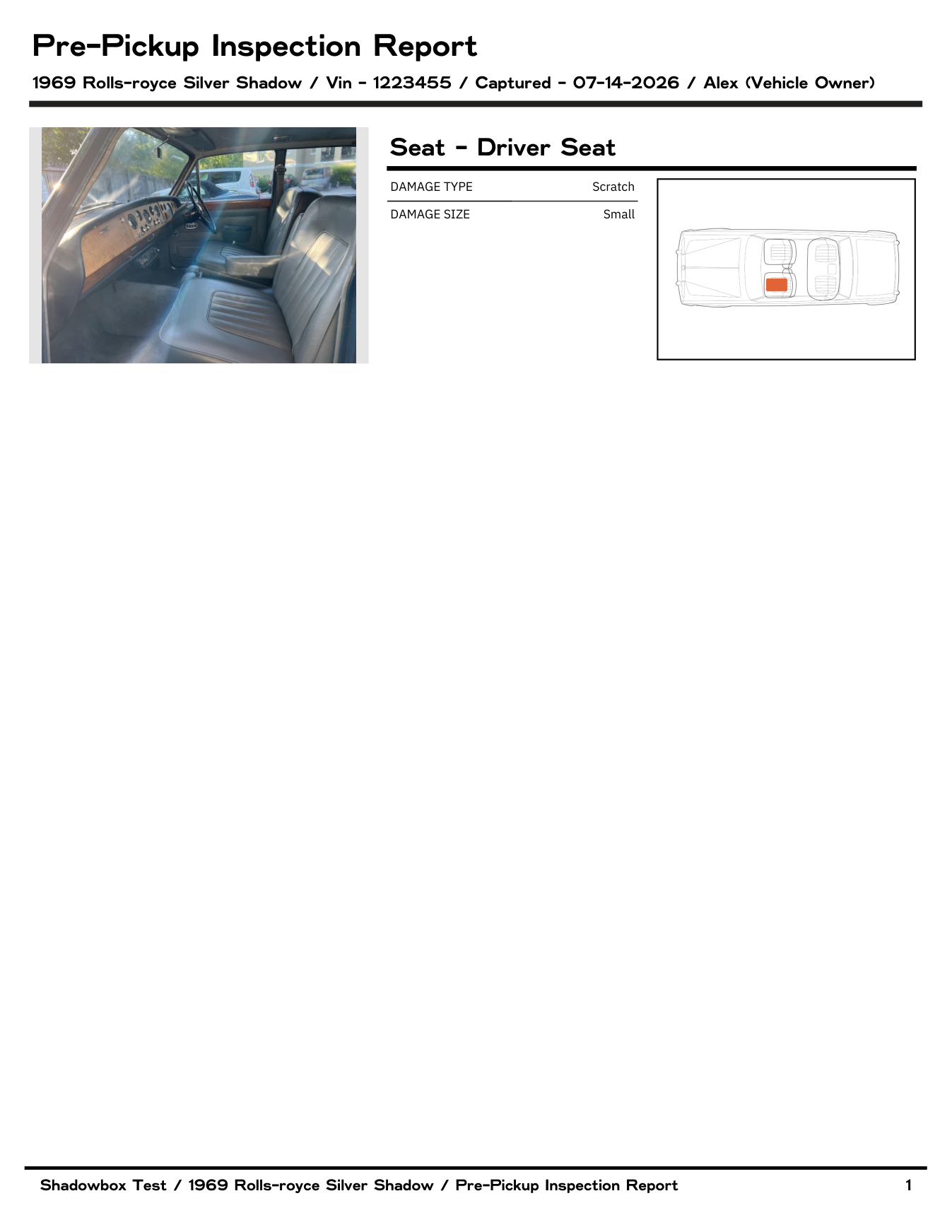 Pre-pickup inspection report, 1969 Rolls-Royce Silver Shadow