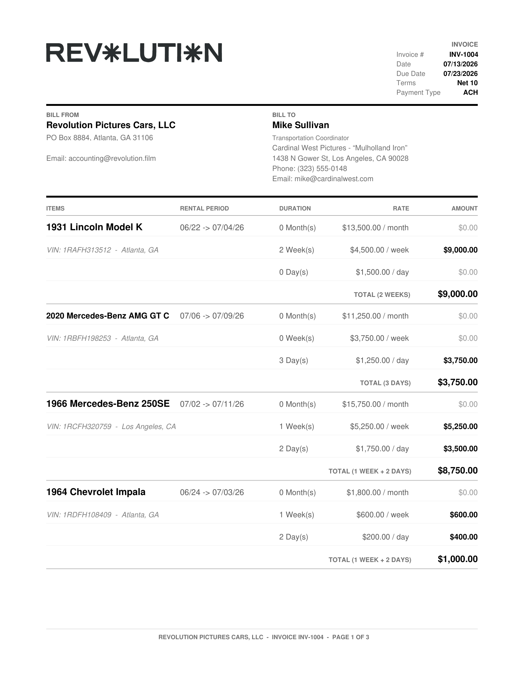 Revolution Picture Cars invoice INV-1004 for Mulholland Iron