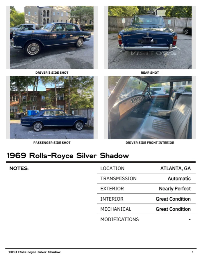 1969 Rolls-Royce Silver Shadow spec sheet